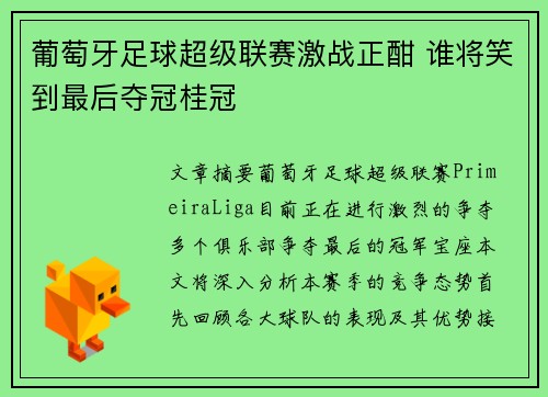 葡萄牙足球超级联赛激战正酣 谁将笑到最后夺冠桂冠 葡萄牙足球超级联赛激战正酣 谁将笑到最后夺冠桂冠