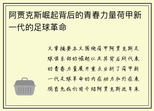 阿贾克斯崛起背后的青春力量荷甲新一代的足球革命 阿贾克斯崛起背后的青春力量荷甲新一代的足球革命